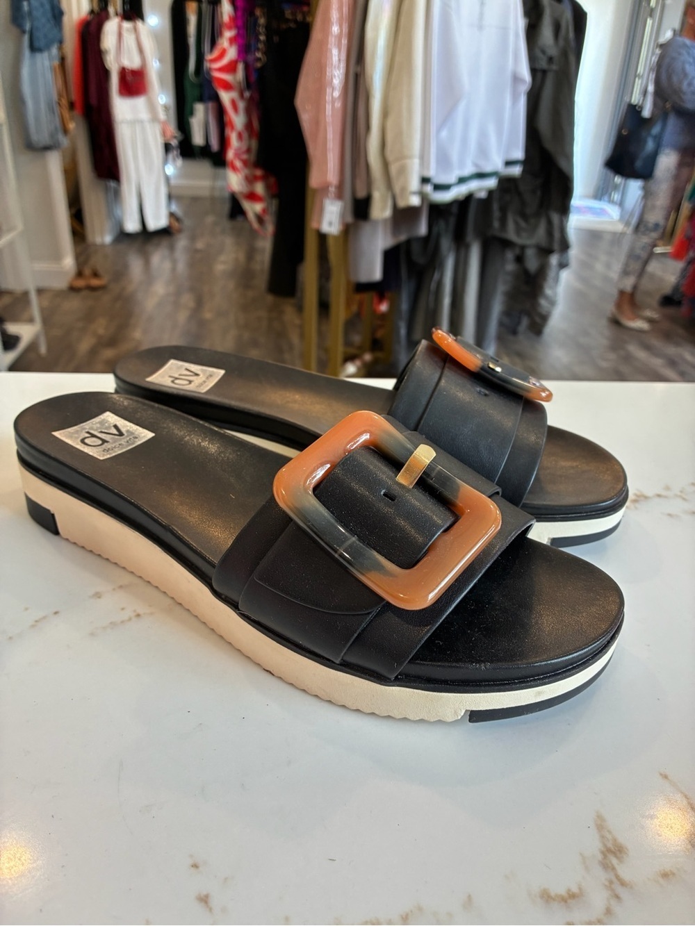 DV by Dolce Vita Black Slide Sandals with Amber Tortoiseshell Buckle